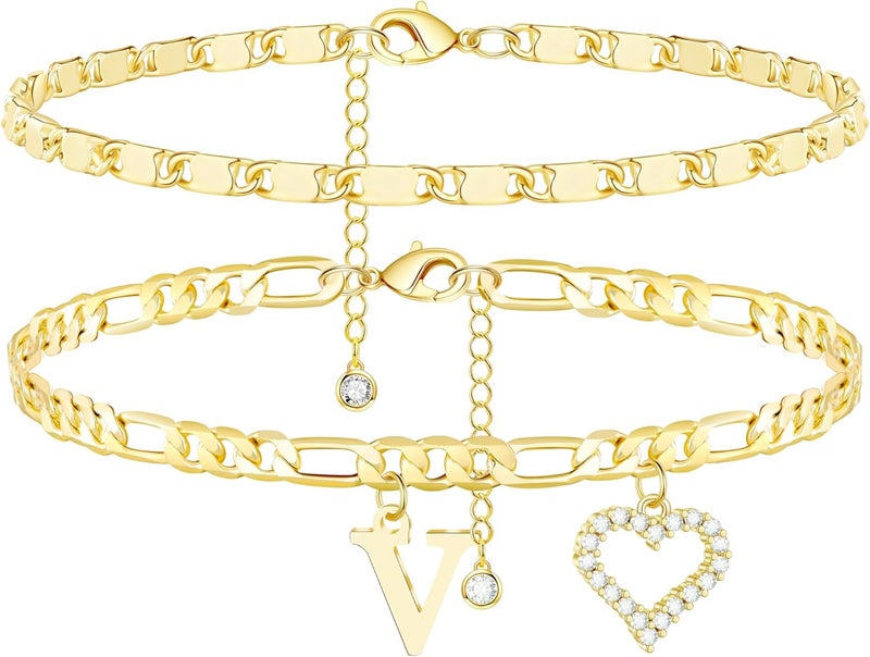 Wremily Initial Ankle Bracelets for Women Waterproof 14K Gold Plated Dainty Layered Figaro Chain Letter Initial CZ Heart Ankle Bracelets Set Summer Beach Jewelry for Women - Image 1
